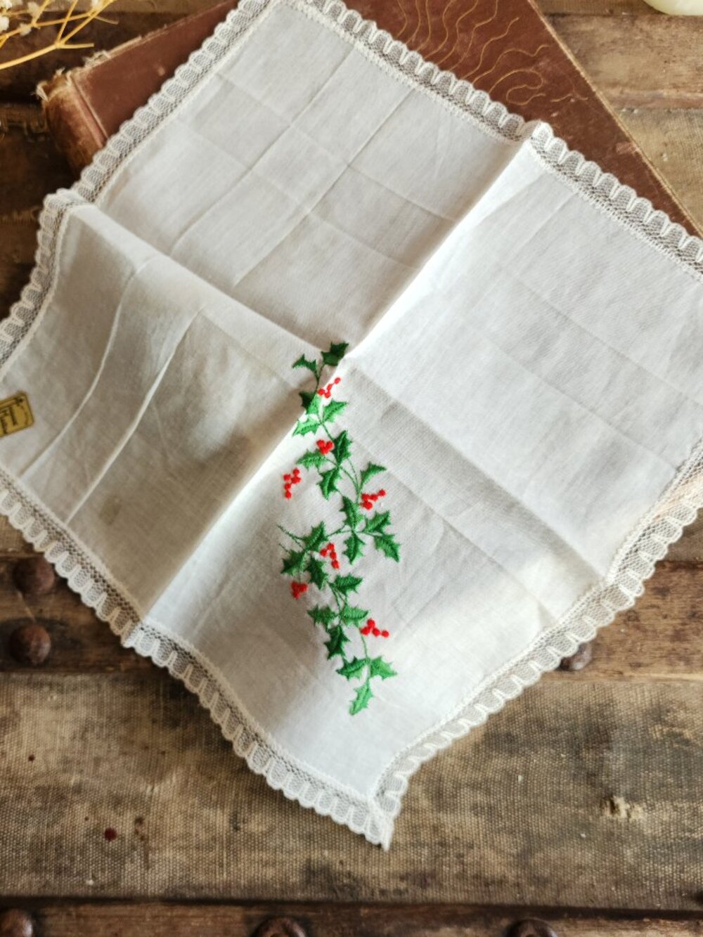 Vintage 1950s Christmas Handkerchief, NWT Embroidered Holly Berry and Leaf Trim,